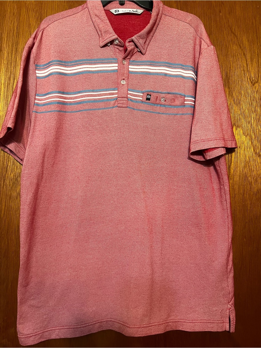 Travis Mathew Dusty Rose Polo with Blue & White Stripes